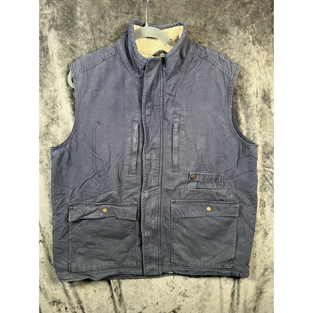 Outdoor Life Blue Sherpa Lined Canvas Utility Work Vest Men XL Full Zip Gorpcore